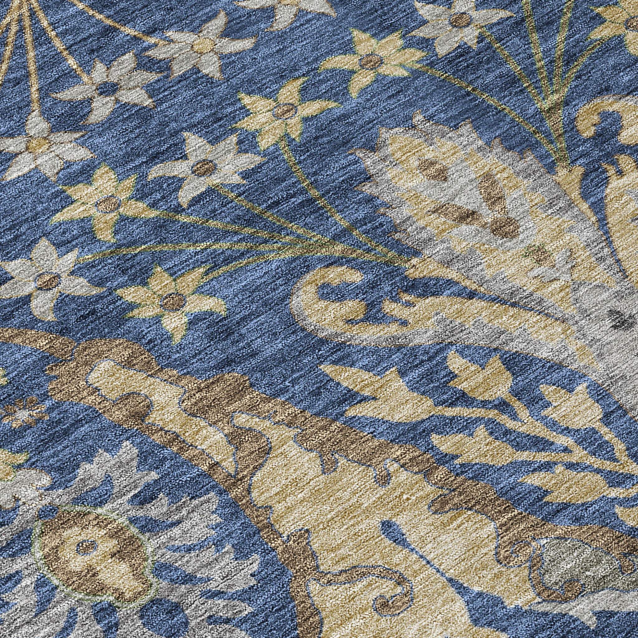 5' X 8' Navy Blue Green And Brown Floral Washable Indoor Outdoor Area Rug - GreatEagleInc