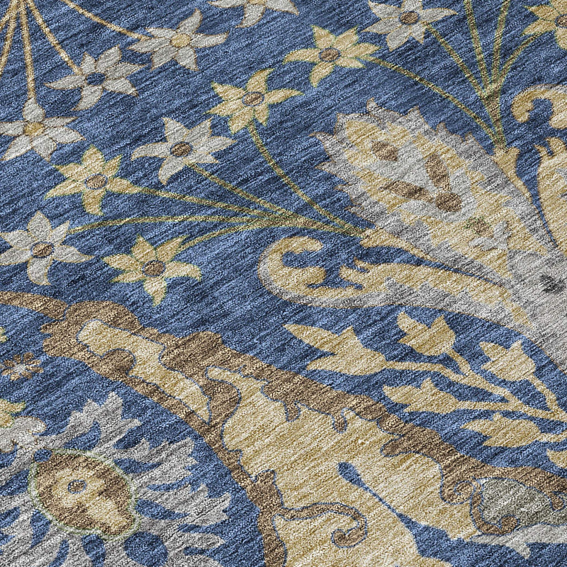 5' X 8' Navy Blue Green And Brown Floral Washable Indoor Outdoor Area Rug - GreatEagleInc