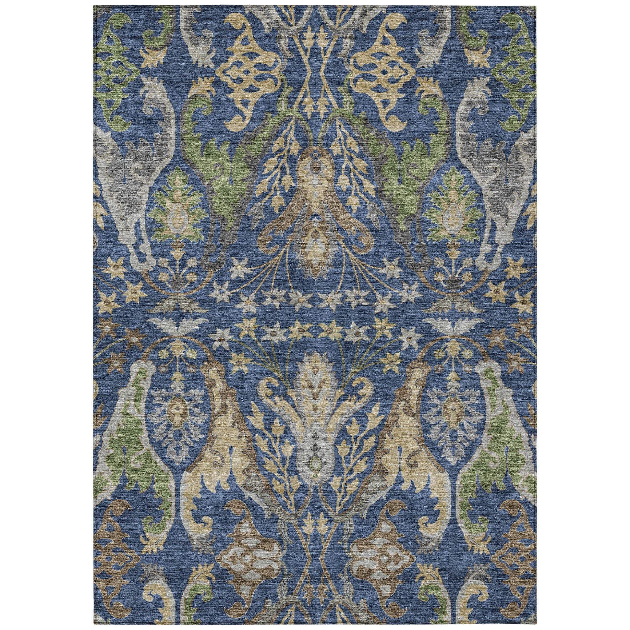 5' X 8' Navy Blue Green And Brown Floral Washable Indoor Outdoor Area Rug - GreatEagleInc