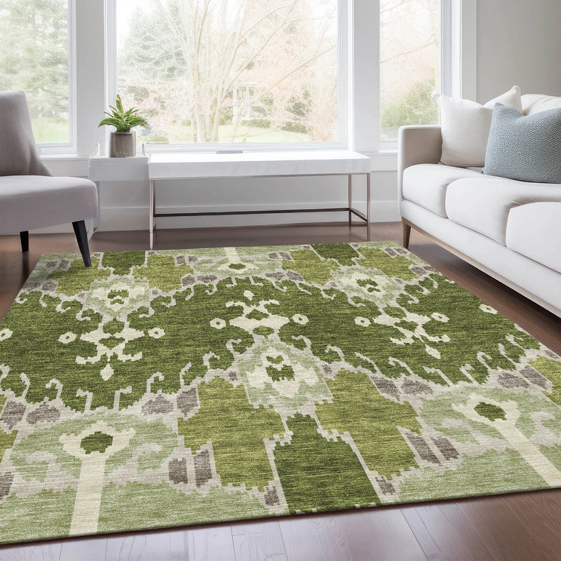 5' X 8' Olive Green And Artichoke Green Ikat Washable Indoor Outdoor Area Rug Homeroots Outdoor