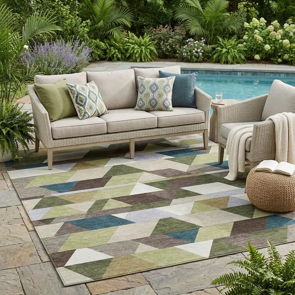 5' X 8' Olive Green And Beige Geometric Washable Indoor Outdoor Area Rug Homeroots Outdoor