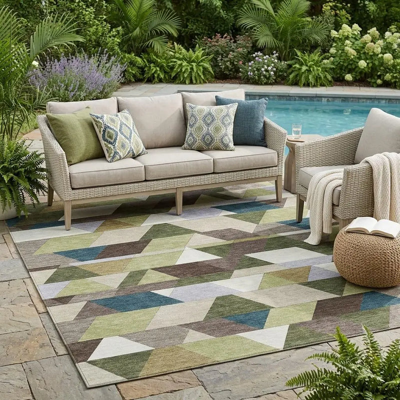 5' X 8' Olive Green And Beige Geometric Washable Indoor Outdoor Area Rug Homeroots Outdoor