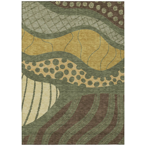 5' X 8' Olive Green And Blue Abstract Washable Indoor Outdoor Area Rug Homeroots Outdoor