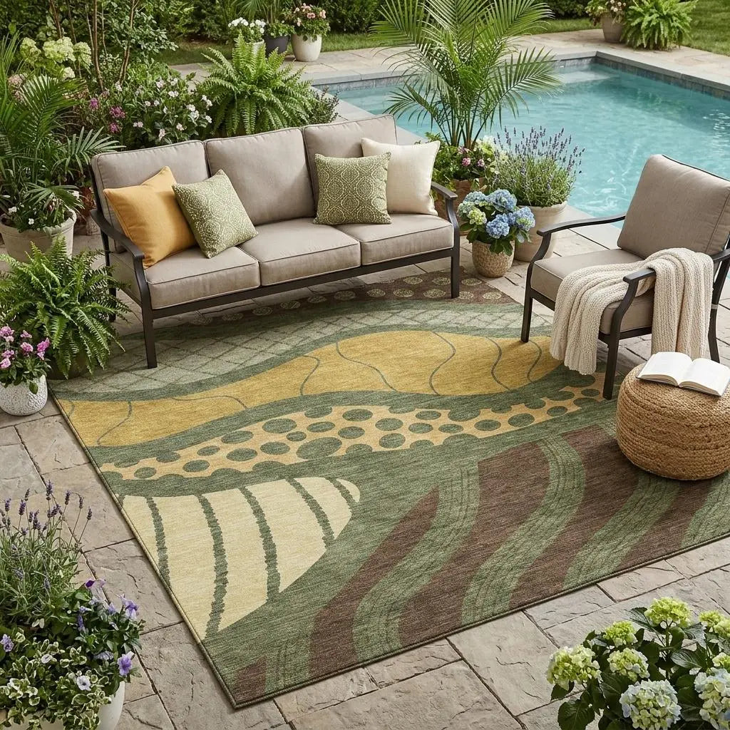 5' X 8' Olive Green And Blue Abstract Washable Indoor Outdoor Area Rug Homeroots Outdoor