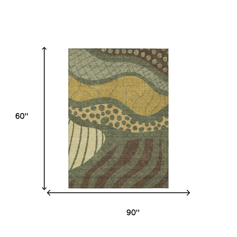 5' X 8' Olive Green And Blue Abstract Washable Indoor Outdoor Area Rug Homeroots Outdoor