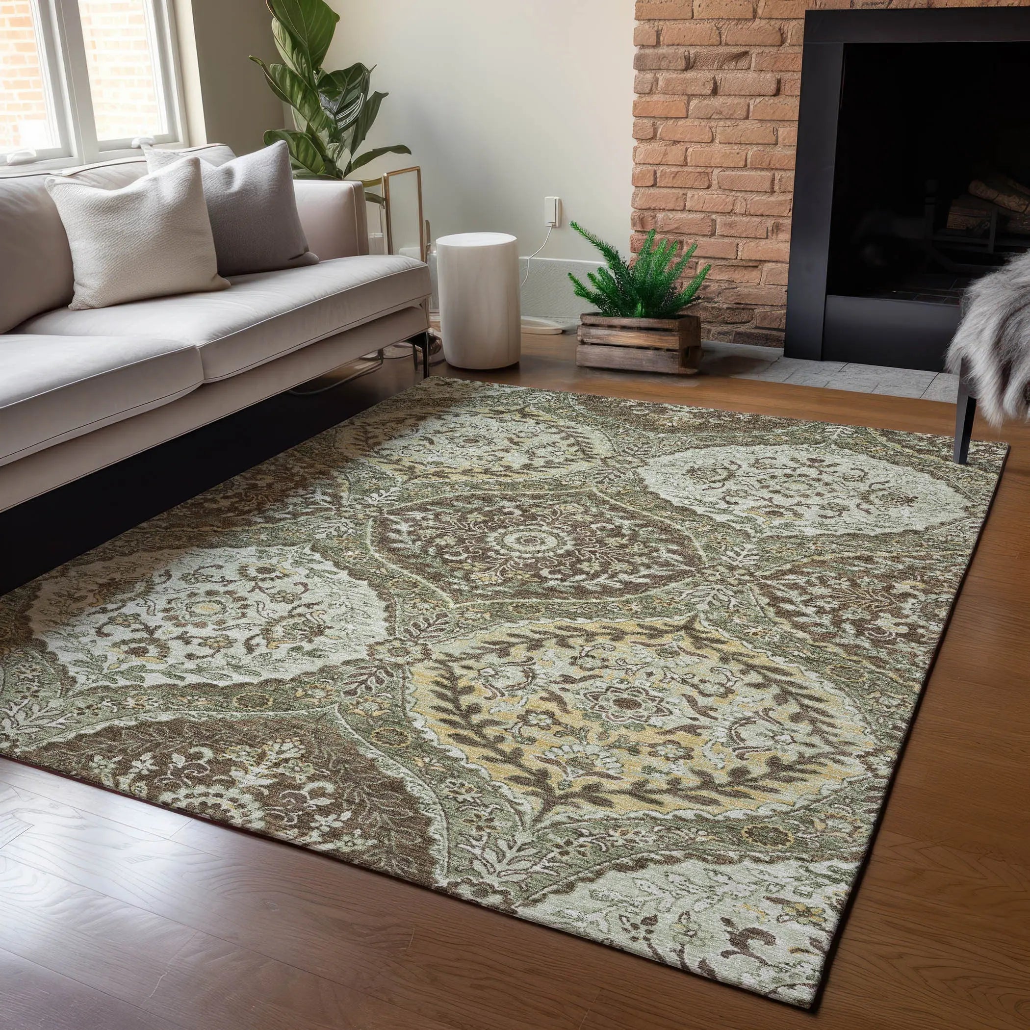 5' X 8' Olive Green And Blue Ogee Washable Indoor Outdoor Area Rug Homeroots Outdoor
