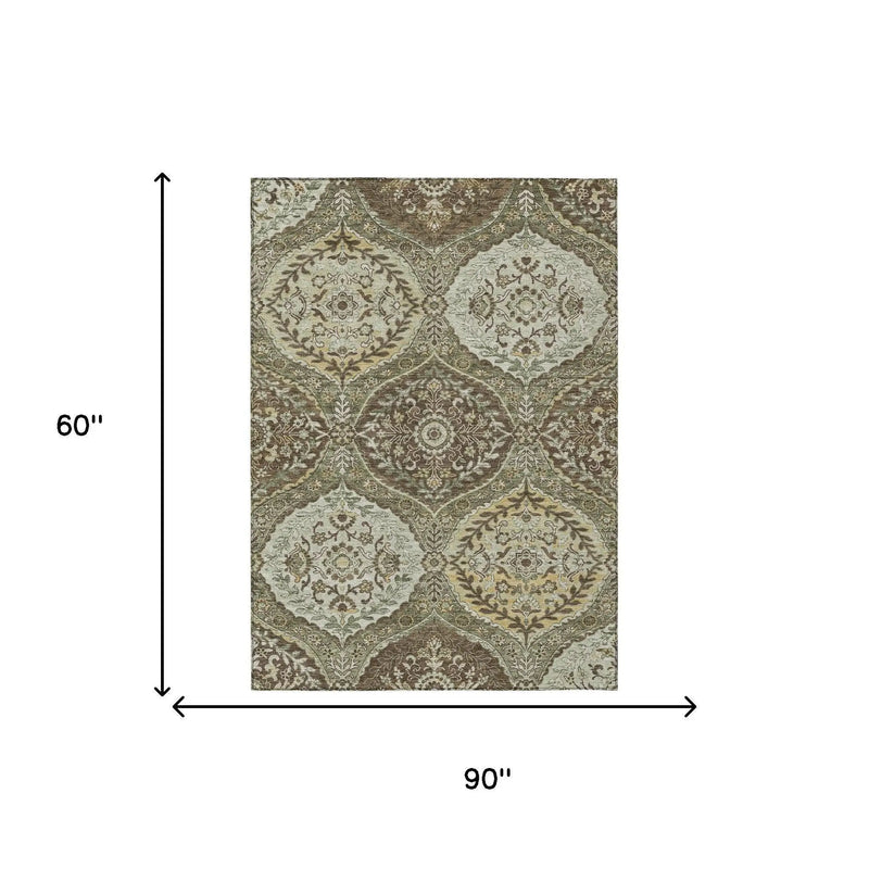 5' X 8' Olive Green And Blue Ogee Washable Indoor Outdoor Area Rug Homeroots Outdoor