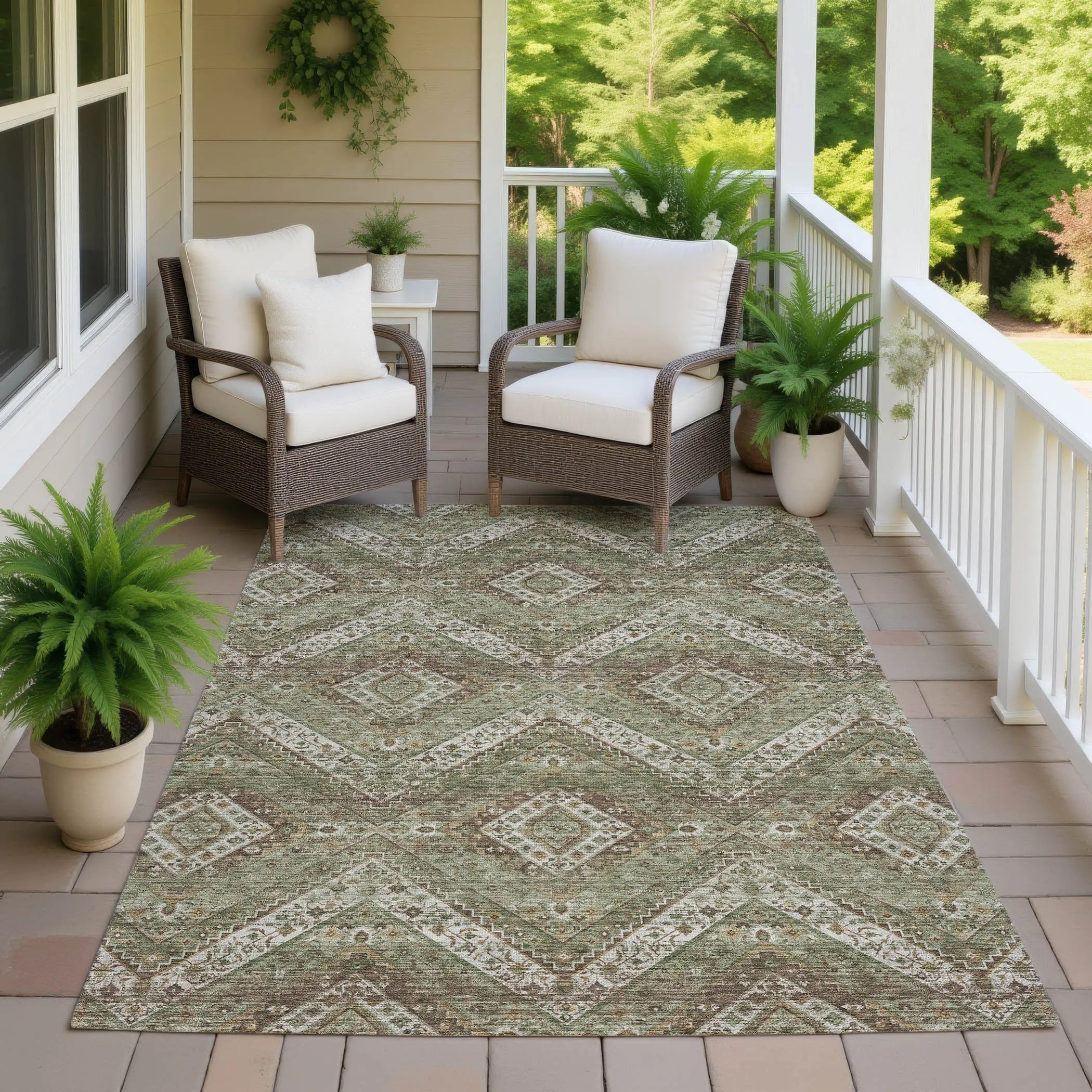 5' X 8' Olive Green And Blue Tribal Washable Indoor Outdoor Area Rug Homeroots Outdoor