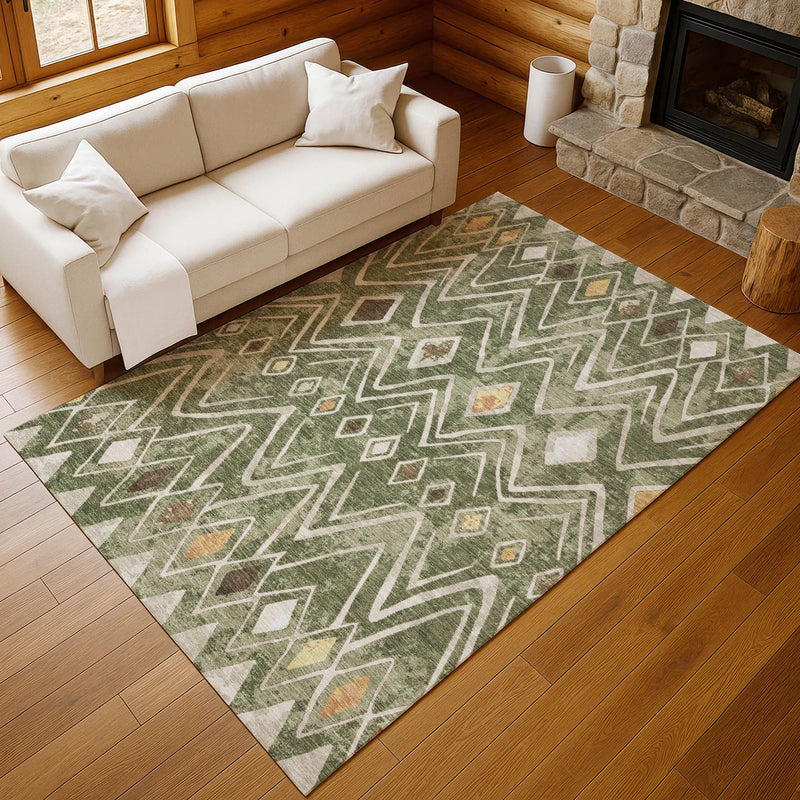 5' X 8' Olive Green And Brown Geometric Washable Indoor Outdoor Area Rug Homeroots Outdoor