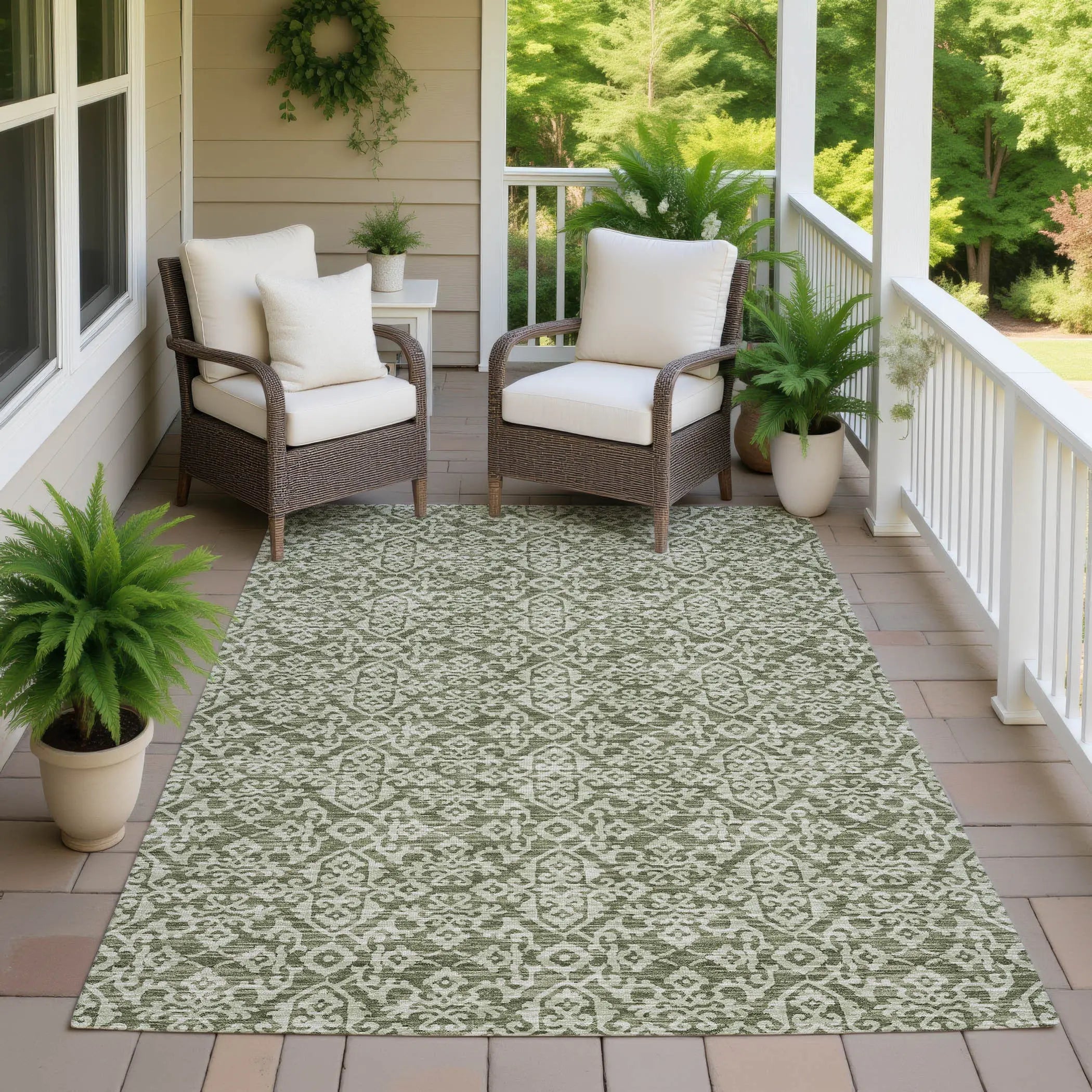 5' X 8' Olive Green And Brown Oriental Washable Indoor Outdoor Area Rug Homeroots Outdoor