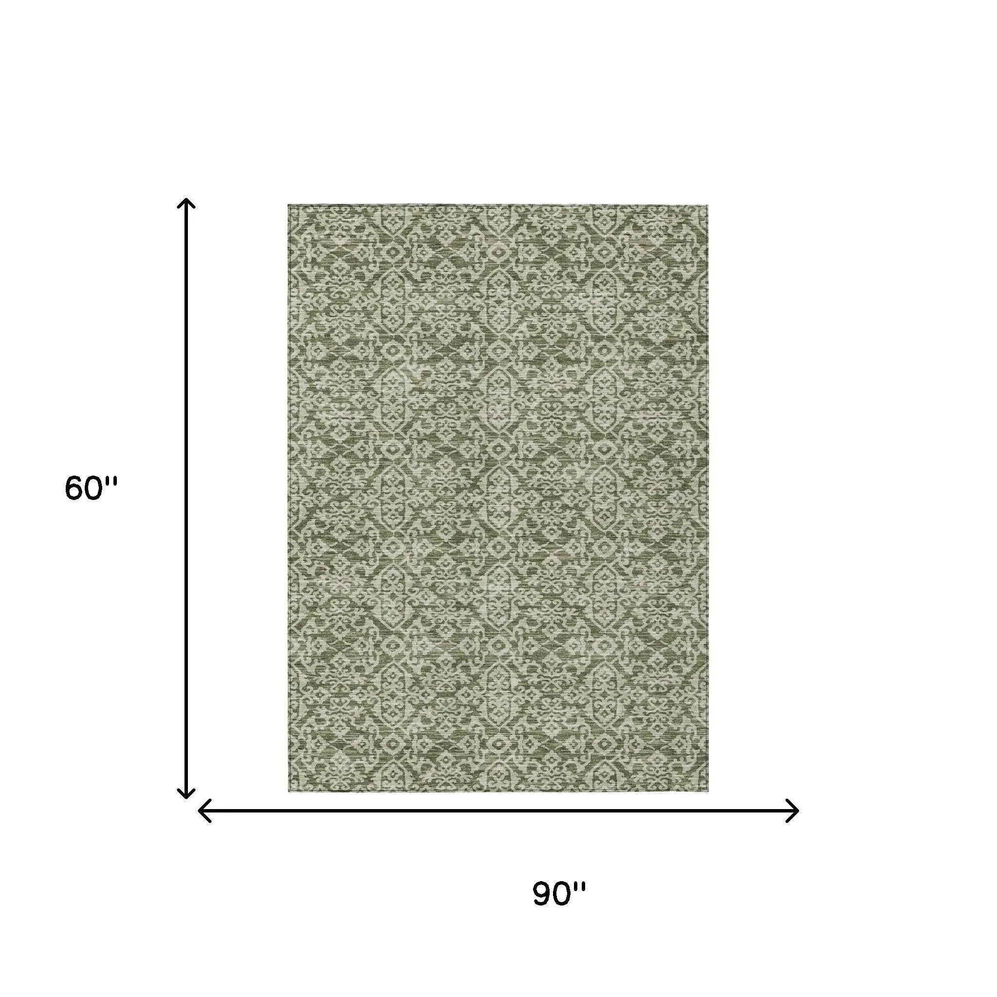 5' X 8' Olive Green And Brown Oriental Washable Indoor Outdoor Area Rug Homeroots Outdoor