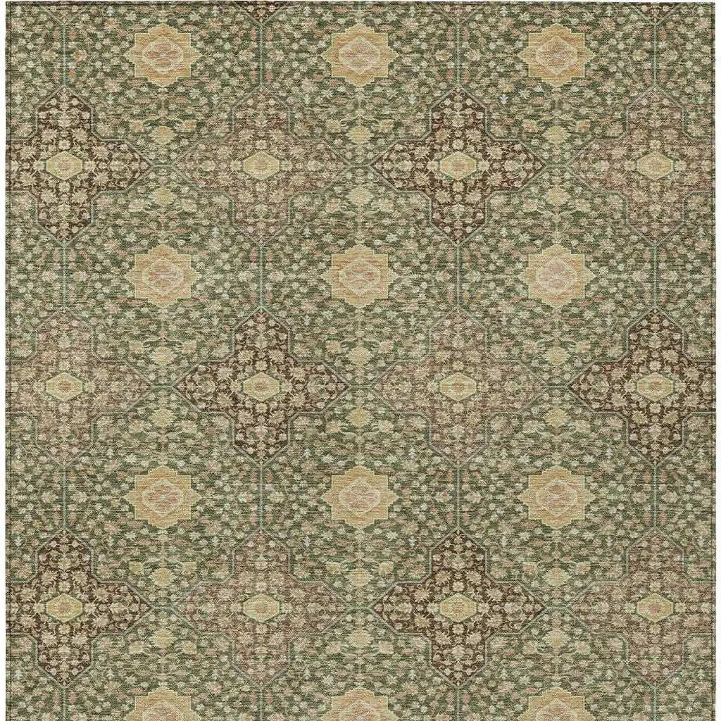 5' X 8' Olive Green And Chocolate Damask Washable Indoor Outdoor Area Rug Homeroots Outdoor