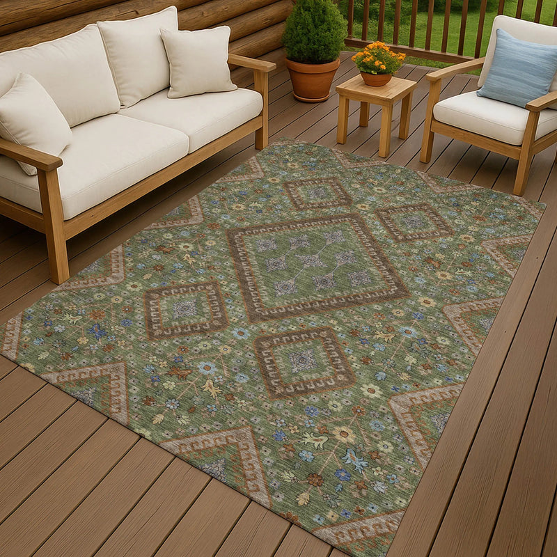 5' X 8' Olive Green And Chocolate Medallion Washable Indoor Outdoor Area Rug Homeroots Outdoor