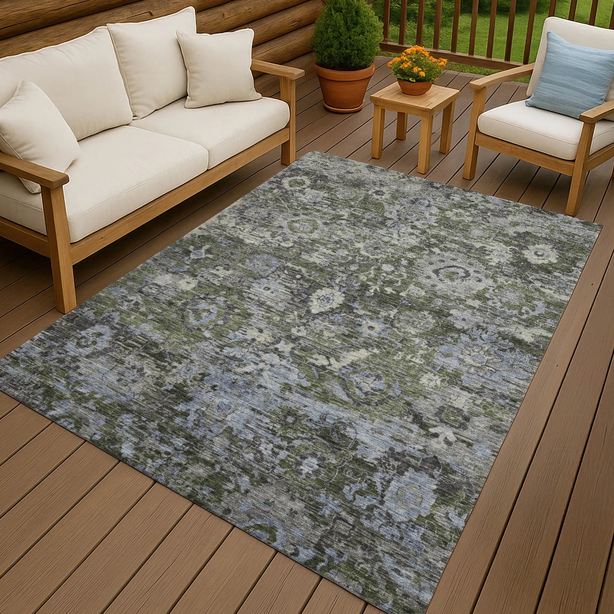 5' X 8' Olive Green And Denim Blue Floral Washable Indoor Outdoor Area Rug Homeroots Outdoor