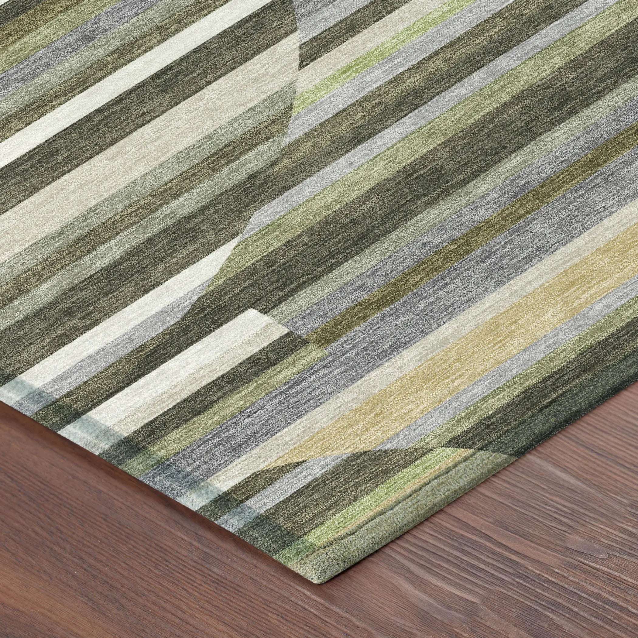 5' X 8' Olive Green And Fern Green Striped Washable Indoor Outdoor Area Rug Homeroots Outdoor
