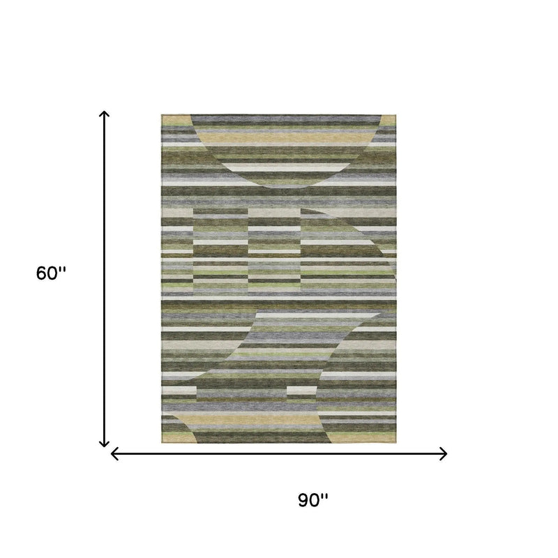 5' X 8' Olive Green And Fern Green Striped Washable Indoor Outdoor Area Rug Homeroots Outdoor