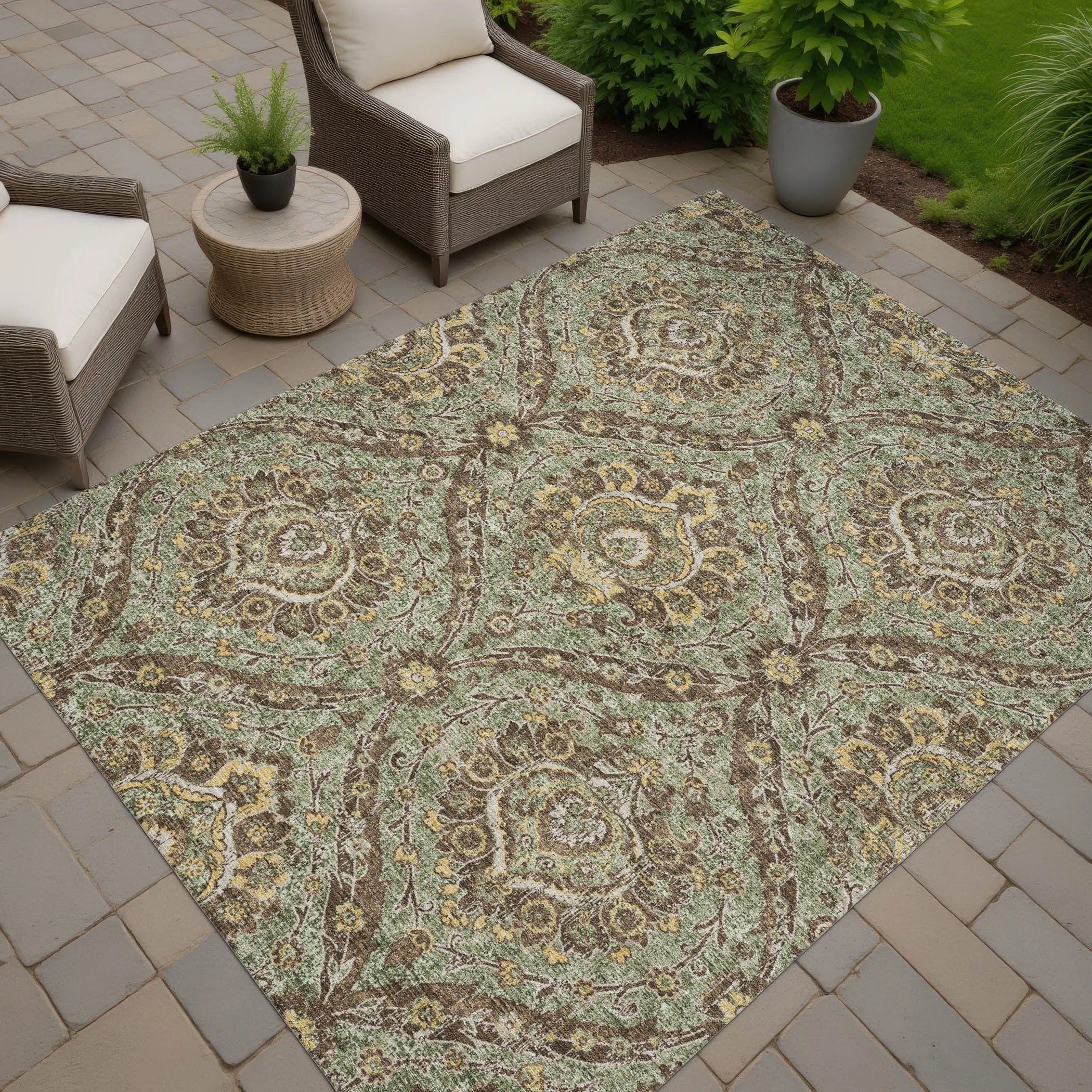 5' X 8' Olive Green And Granite Gray Floral Washable Indoor Outdoor Area Rug Homeroots Outdoor