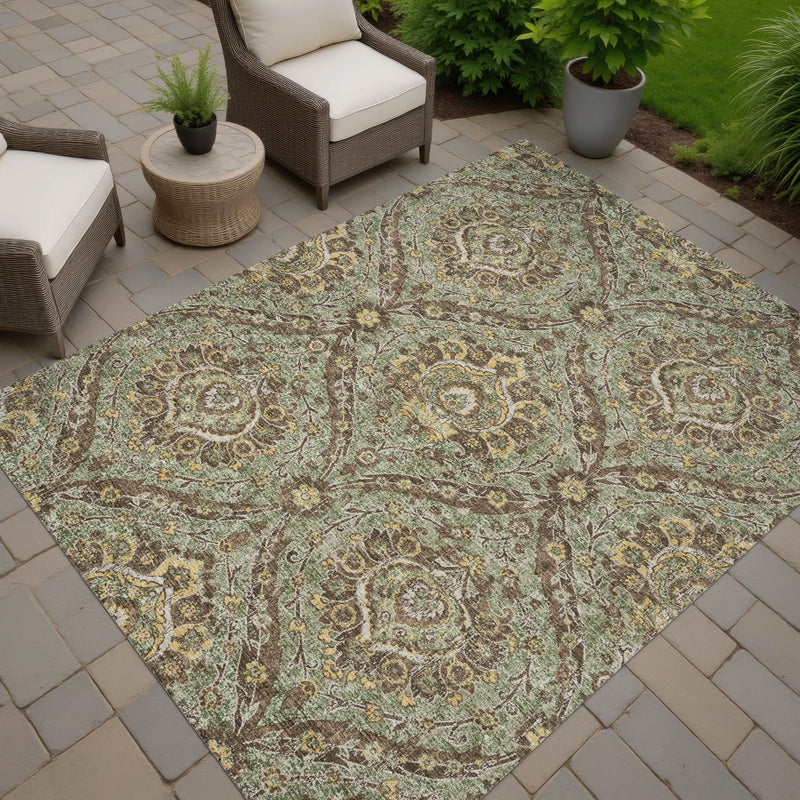 5' X 8' Olive Green And Granite Gray Floral Washable Indoor Outdoor Area Rug Homeroots Outdoor