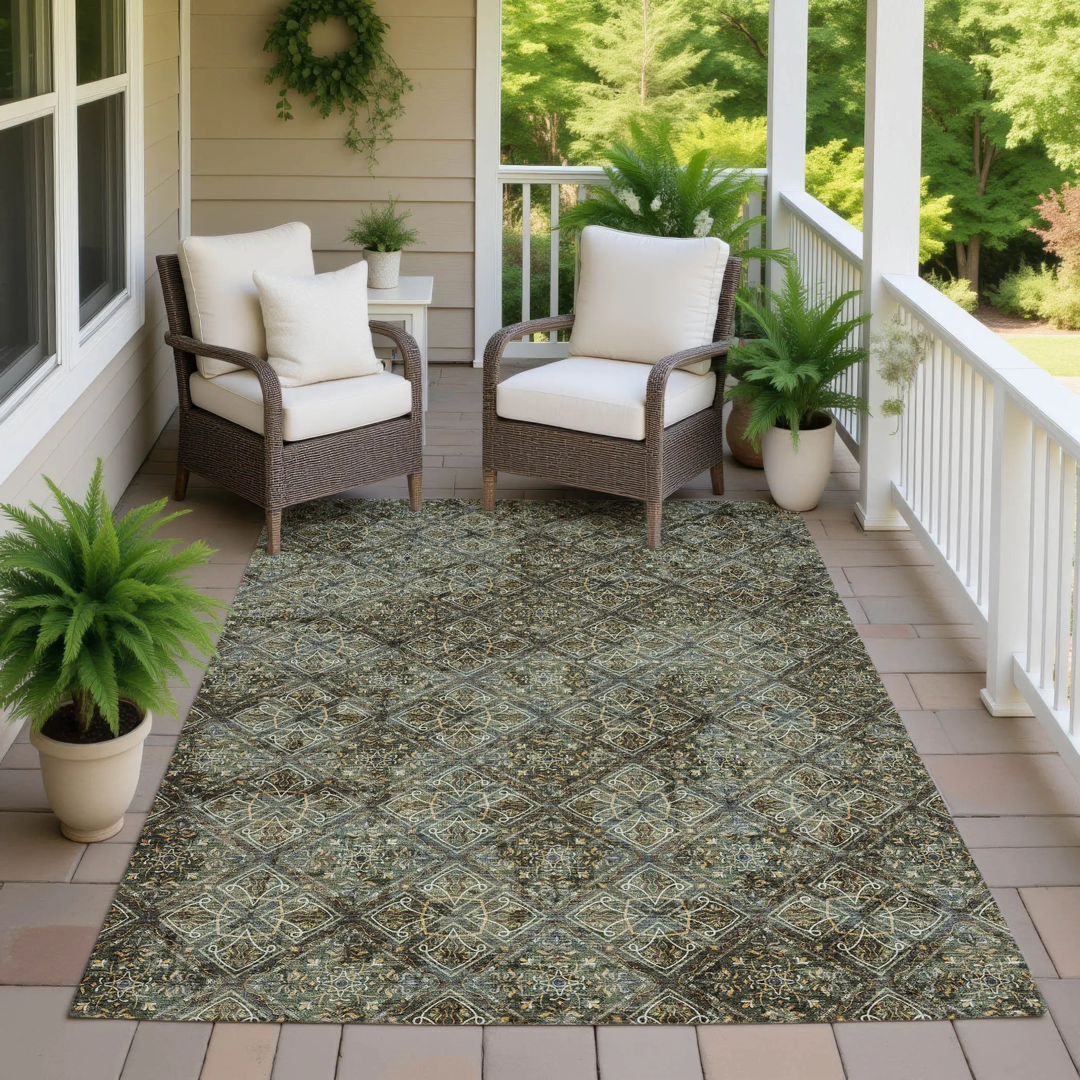 5' X 8' Olive Green And Graphite Geometric Washable Indoor Outdoor Area Rug Homeroots Outdoor