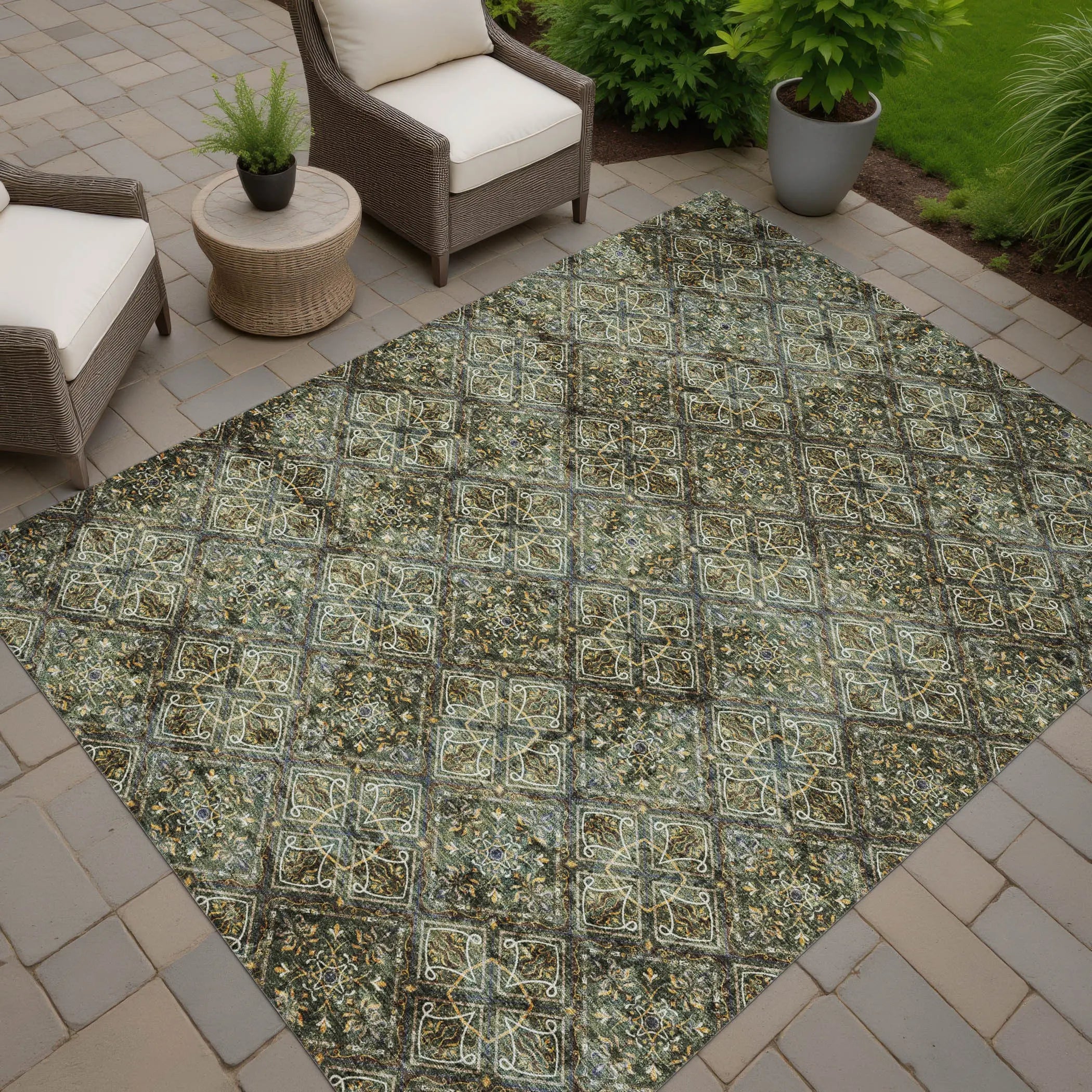 5' X 8' Olive Green And Graphite Geometric Washable Indoor Outdoor Area Rug Homeroots Outdoor