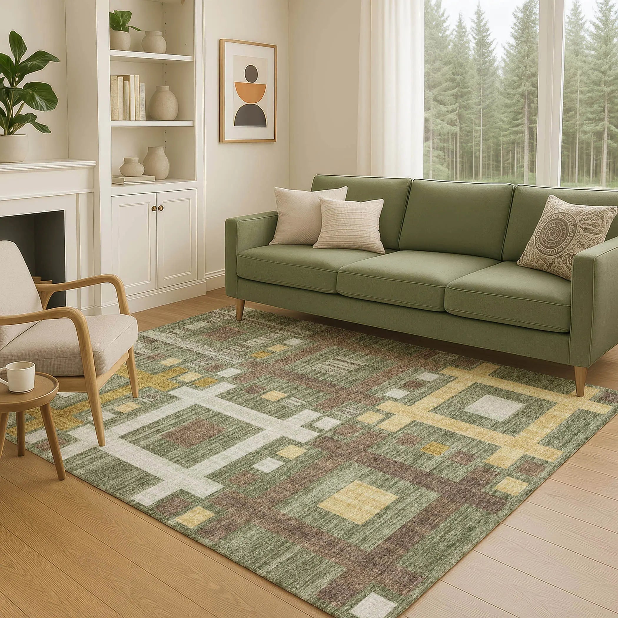 5' X 8' Olive Green And Gray Geometric Washable Indoor Outdoor Area Rug Homeroots Outdoor