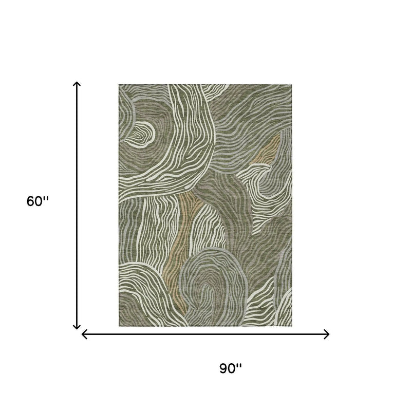 5' X 8' Olive Green And Gray Ikat Washable Indoor Outdoor Area Rug Homeroots Outdoor