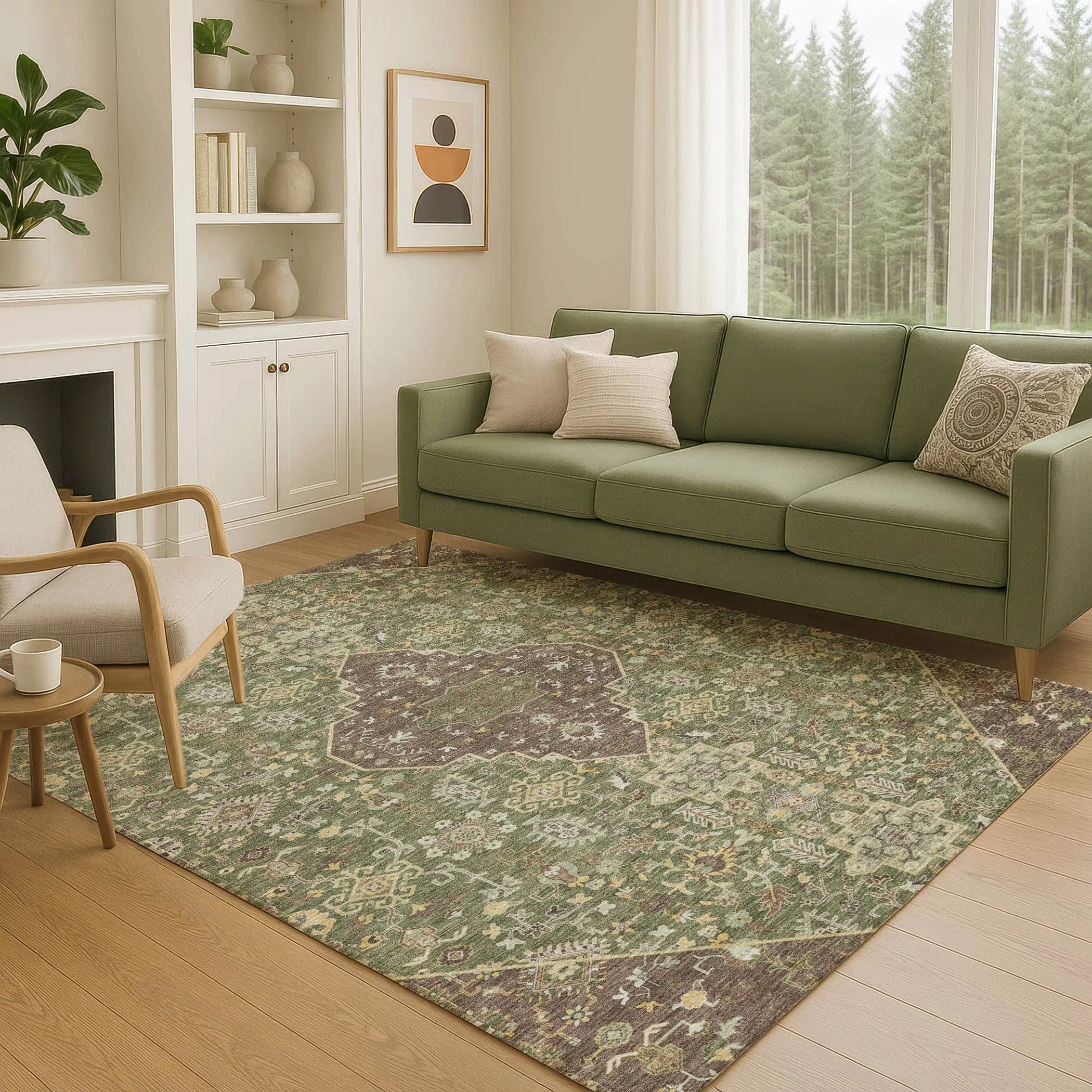 5' X 8' Olive Green And Gray Medallion Washable Indoor Outdoor Area Rug Homeroots Outdoor