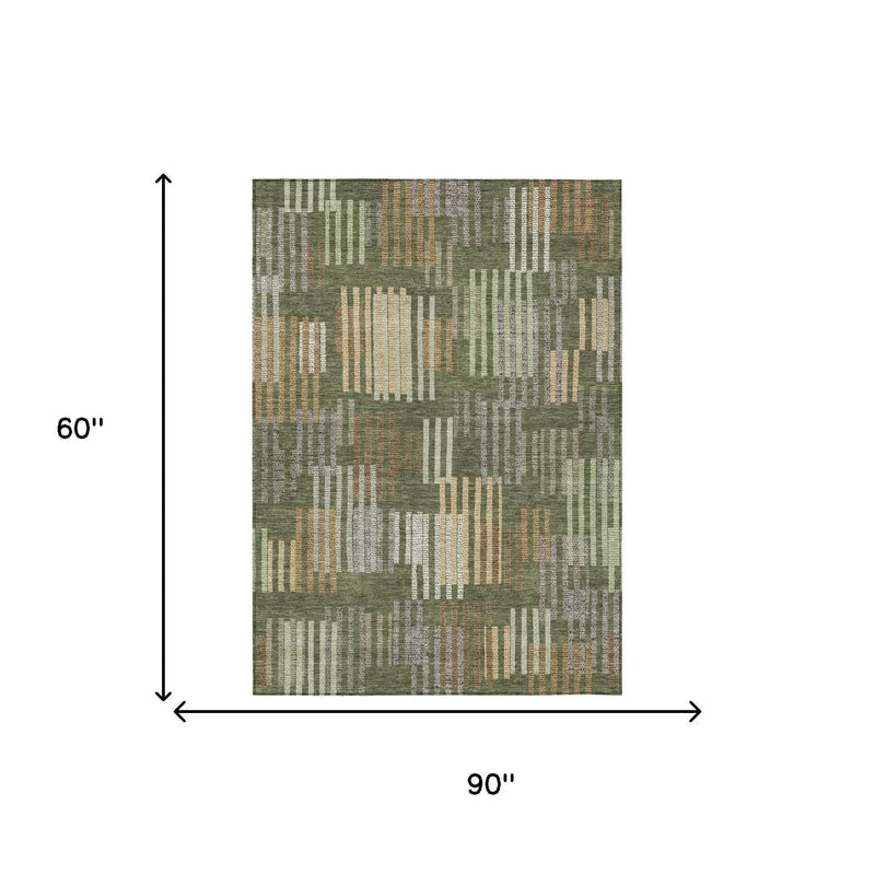 5' X 8' Olive Green And Gray Striped Washable Indoor Outdoor Area Rug Homeroots Outdoor