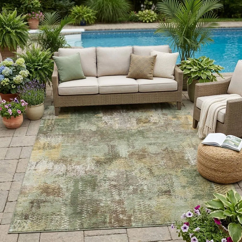 5' X 8' Olive Green And Green Abstract Washable Indoor Outdoor Area Rug Homeroots Outdoor