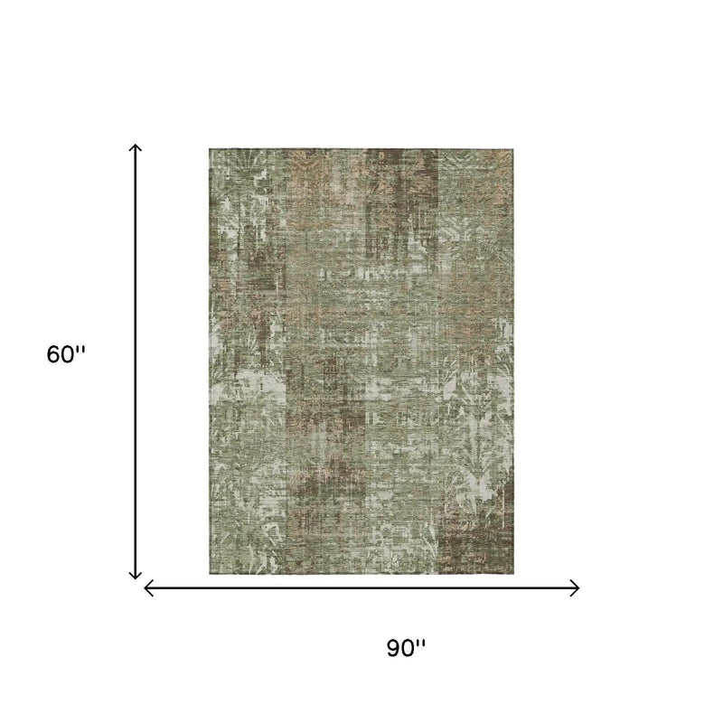 5' X 8' Olive Green And Green Abstract Washable Indoor Outdoor Area Rug Homeroots Outdoor