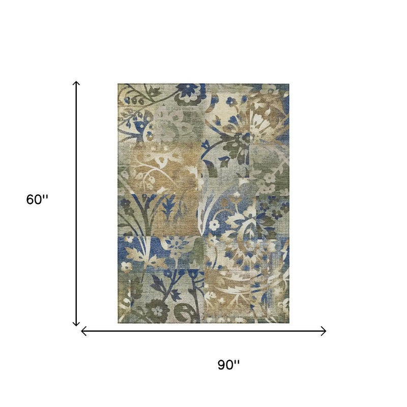 5' X 8' Olive Green And Green Botanical Leaves Washable Indoor Outdoor Area Rug Homeroots Outdoor