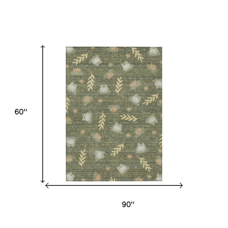 5' X 8' Olive Green And Green Botanical Leaves Washable Indoor Outdoor Area Rug Homeroots Outdoor
