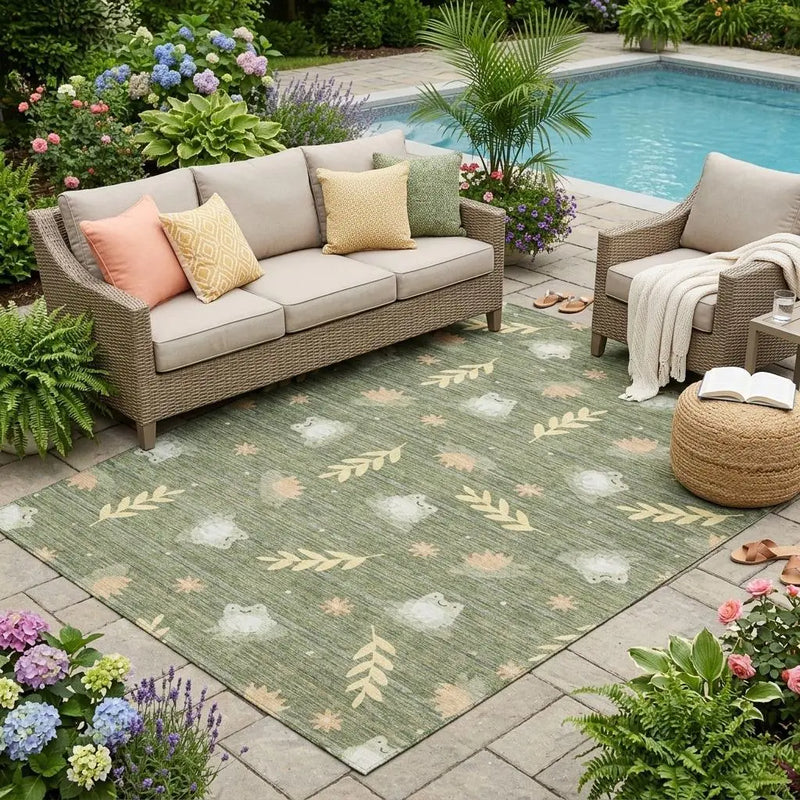 5' X 8' Olive Green And Green Botanical Leaves Washable Indoor Outdoor Area Rug Homeroots Outdoor