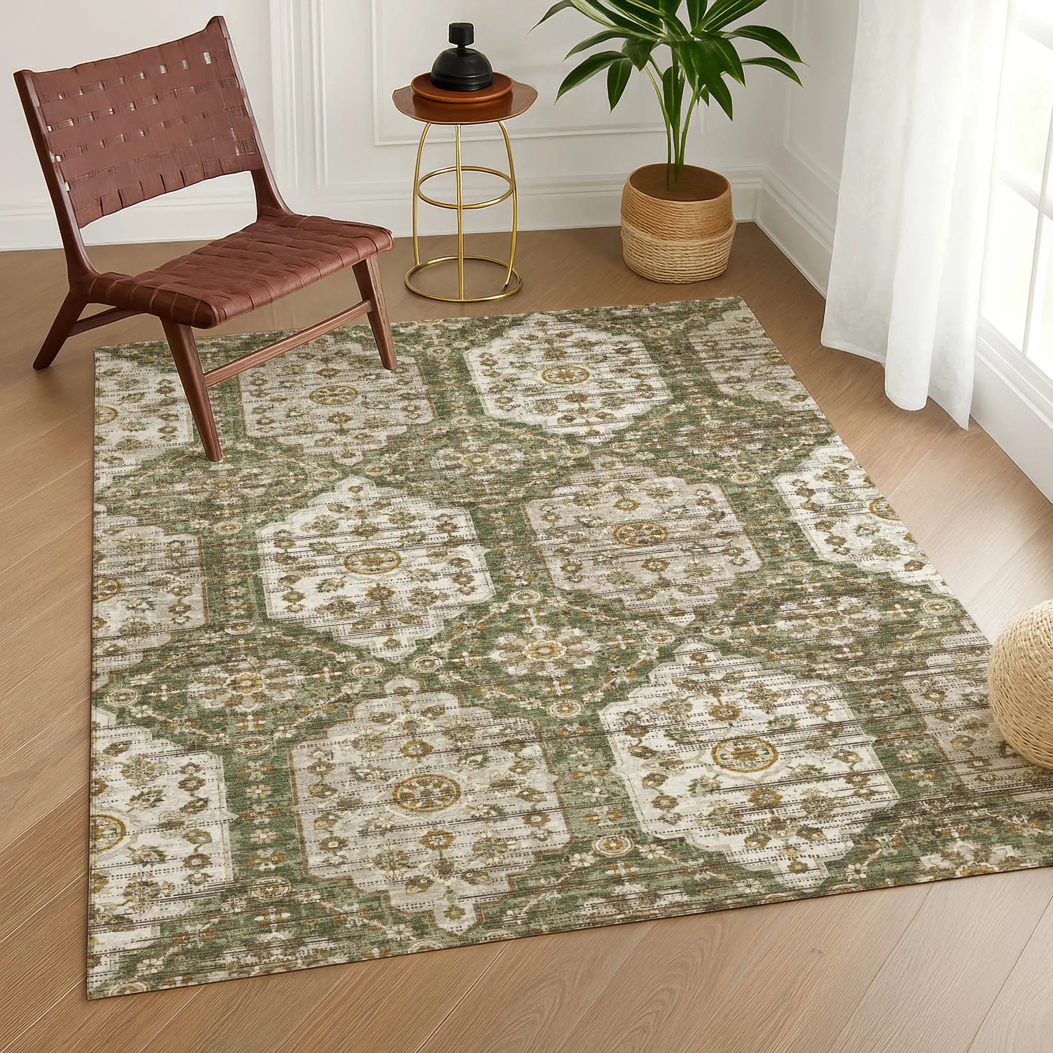 5' X 8' Olive Green And Green Damask Washable Indoor Outdoor Area Rug Homeroots Outdoor