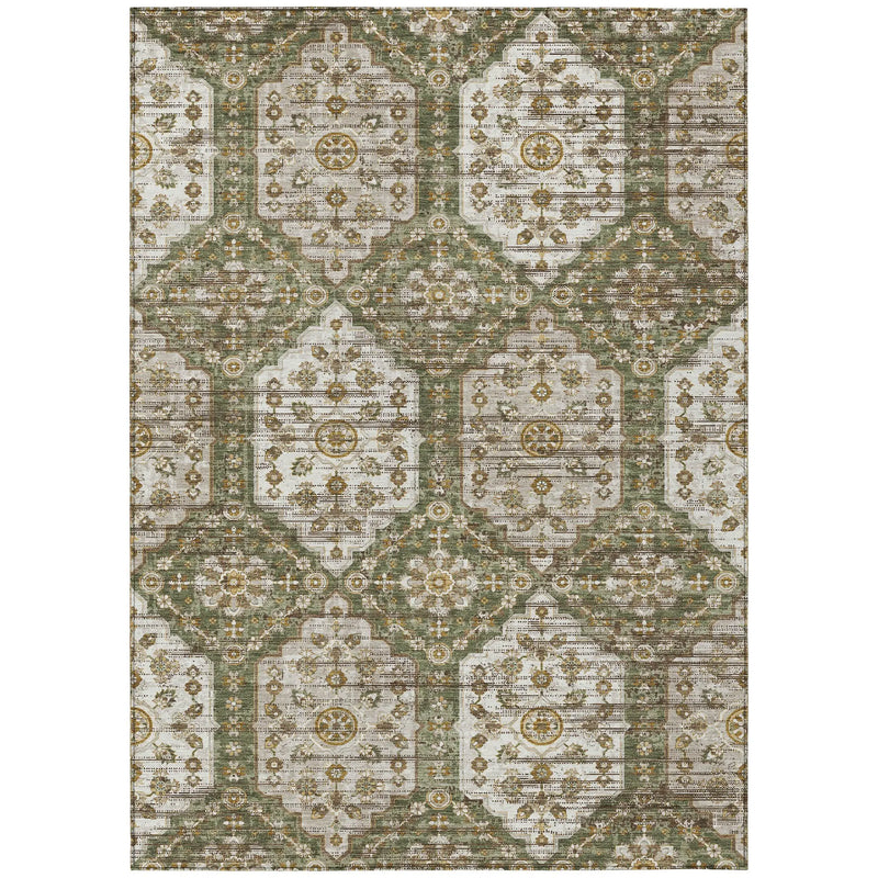 5' X 8' Olive Green And Green Damask Washable Indoor Outdoor Area Rug Homeroots Outdoor