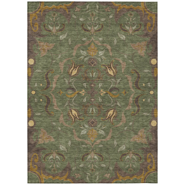 5' X 8' Olive Green And Green Damask Washable Indoor Outdoor Area Rug Homeroots Outdoor