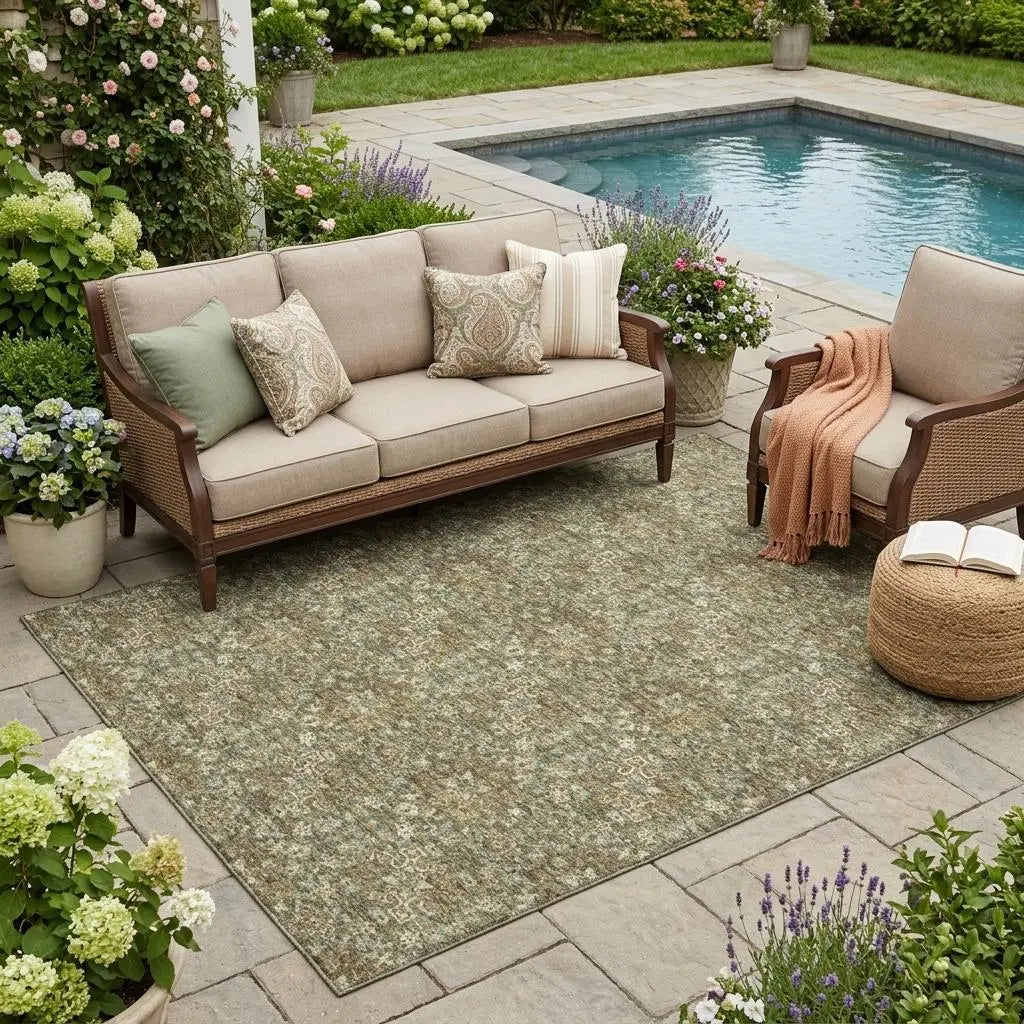 5' X 8' Olive Green And Green Damask Washable Indoor Outdoor Area Rug Homeroots Outdoor