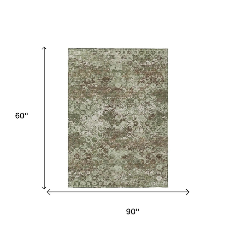 5' X 8' Olive Green And Green Floral Medallion Washable Indoor Outdoor Area Rug Homeroots Outdoor