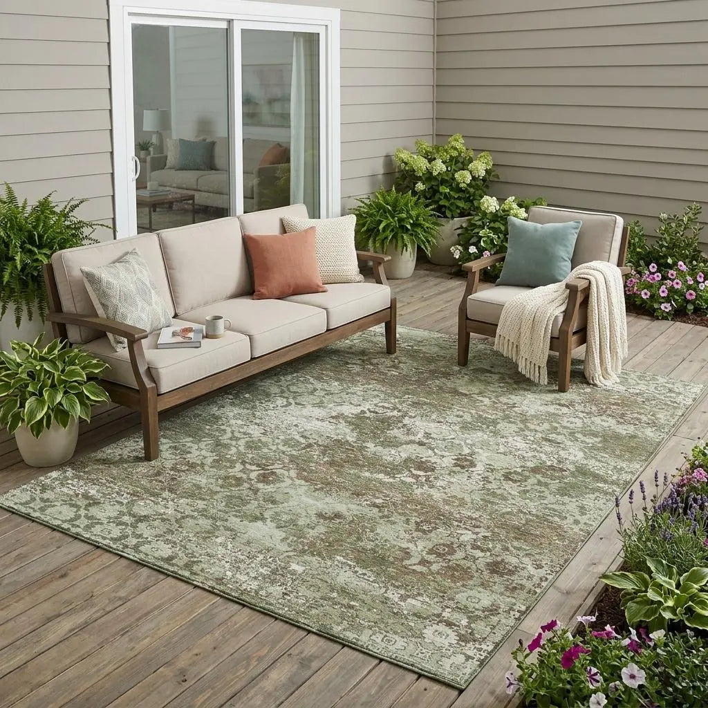 5' X 8' Olive Green And Green Floral Medallion Washable Indoor Outdoor Area Rug Homeroots Outdoor