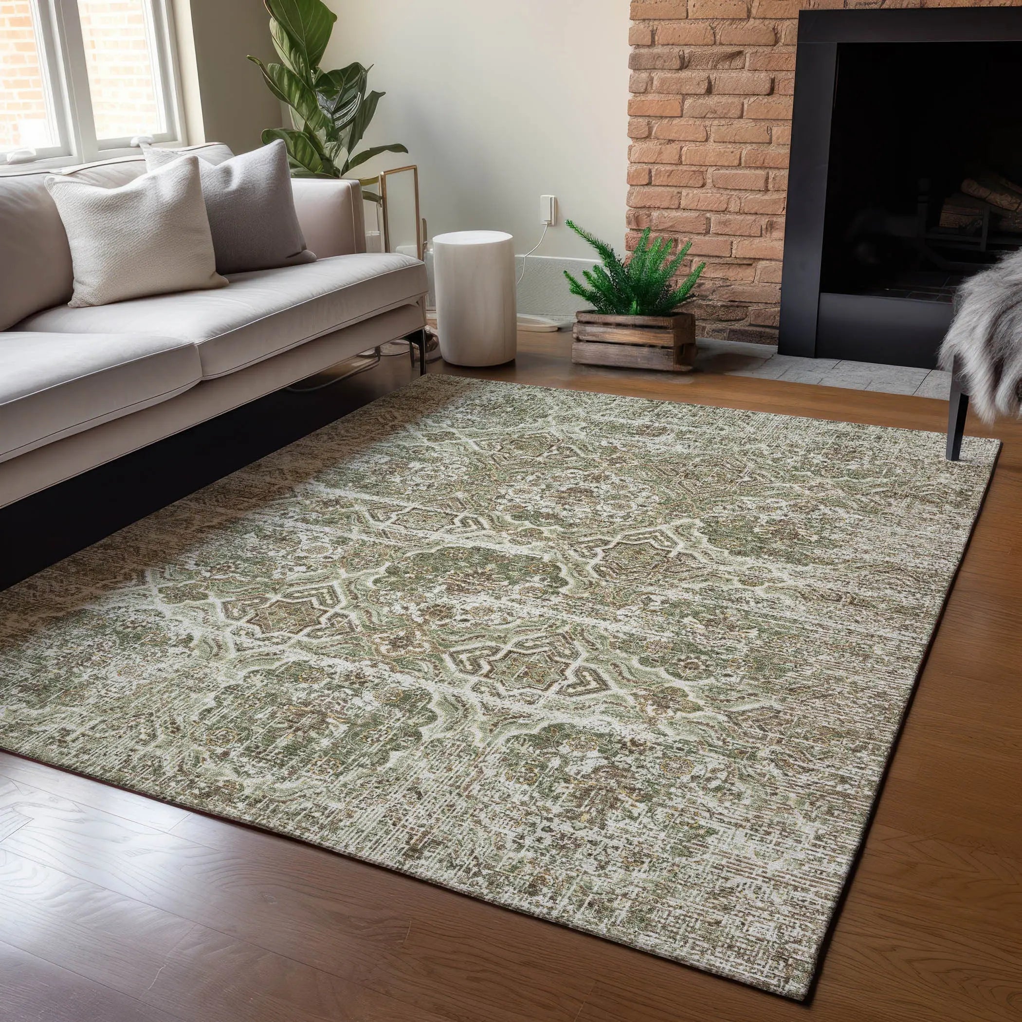 5' X 8' Olive Green And Green Floral Washable Indoor Outdoor Area Rug Homeroots Outdoor