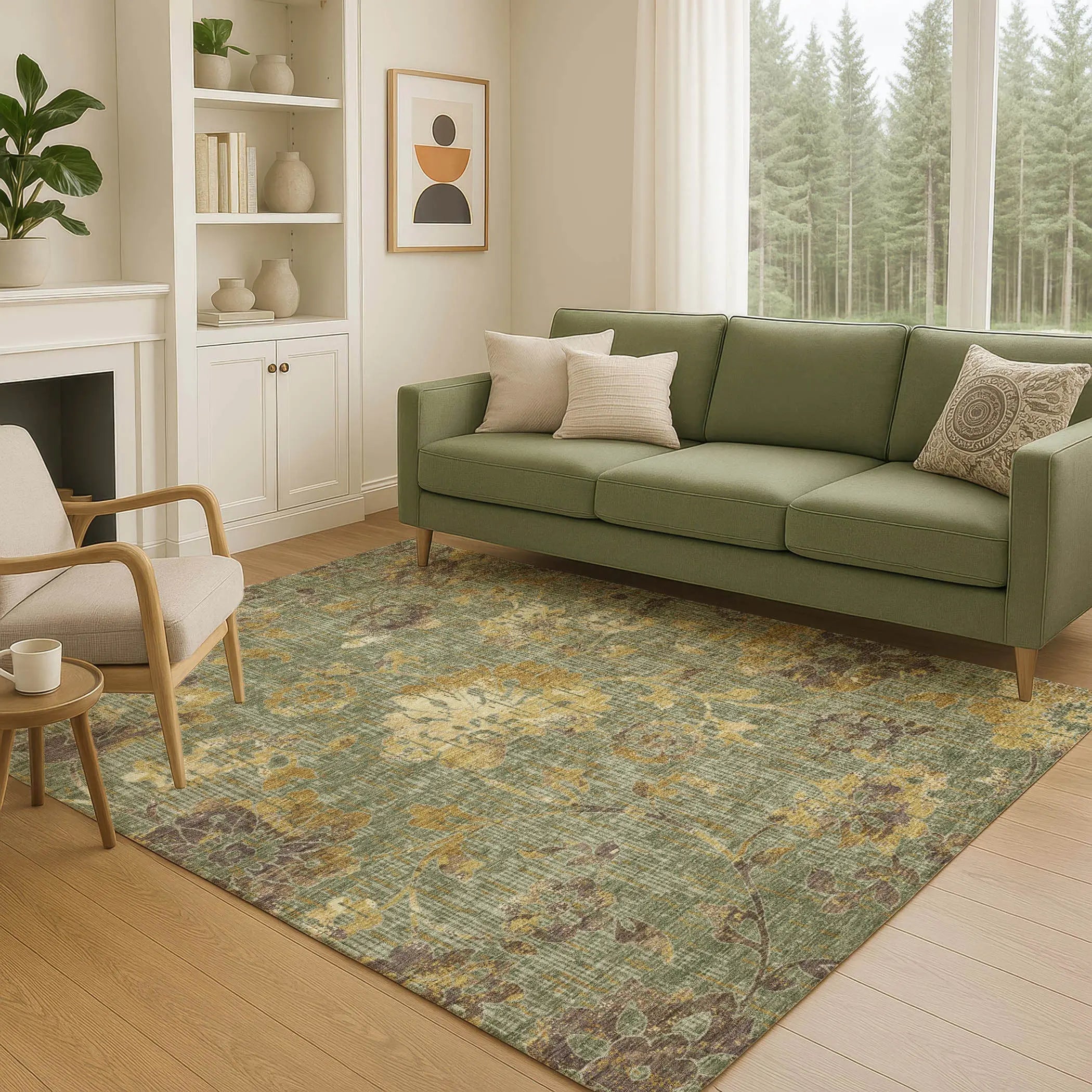 5' X 8' Olive Green And Green Floral Washable Indoor Outdoor Area Rug Homeroots Outdoor