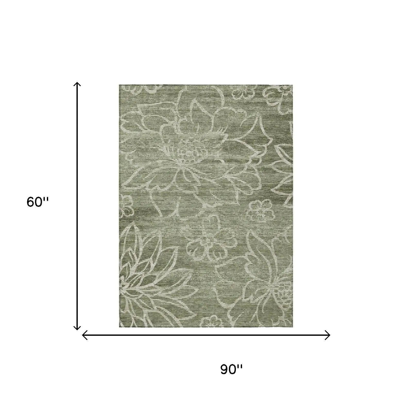 5' X 8' Olive Green And Green Floral Washable Indoor Outdoor Area Rug Homeroots Outdoor