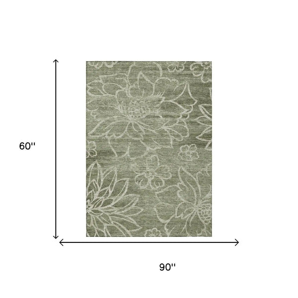 5' X 8' Olive Green And Green Floral Washable Indoor Outdoor Area Rug Homeroots Outdoor