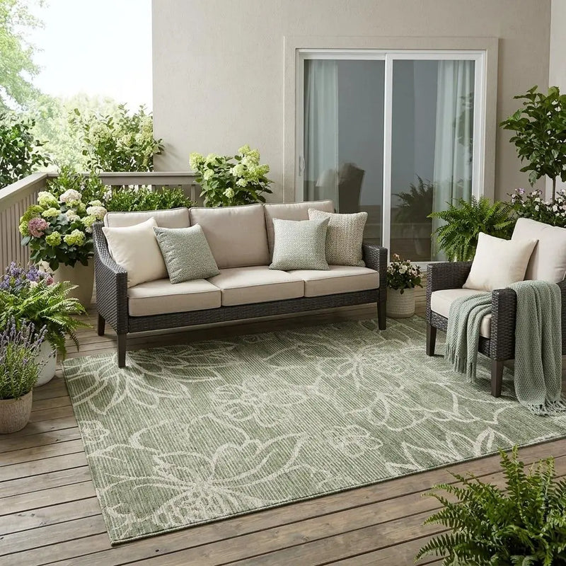 5' X 8' Olive Green And Green Floral Washable Indoor Outdoor Area Rug Homeroots Outdoor