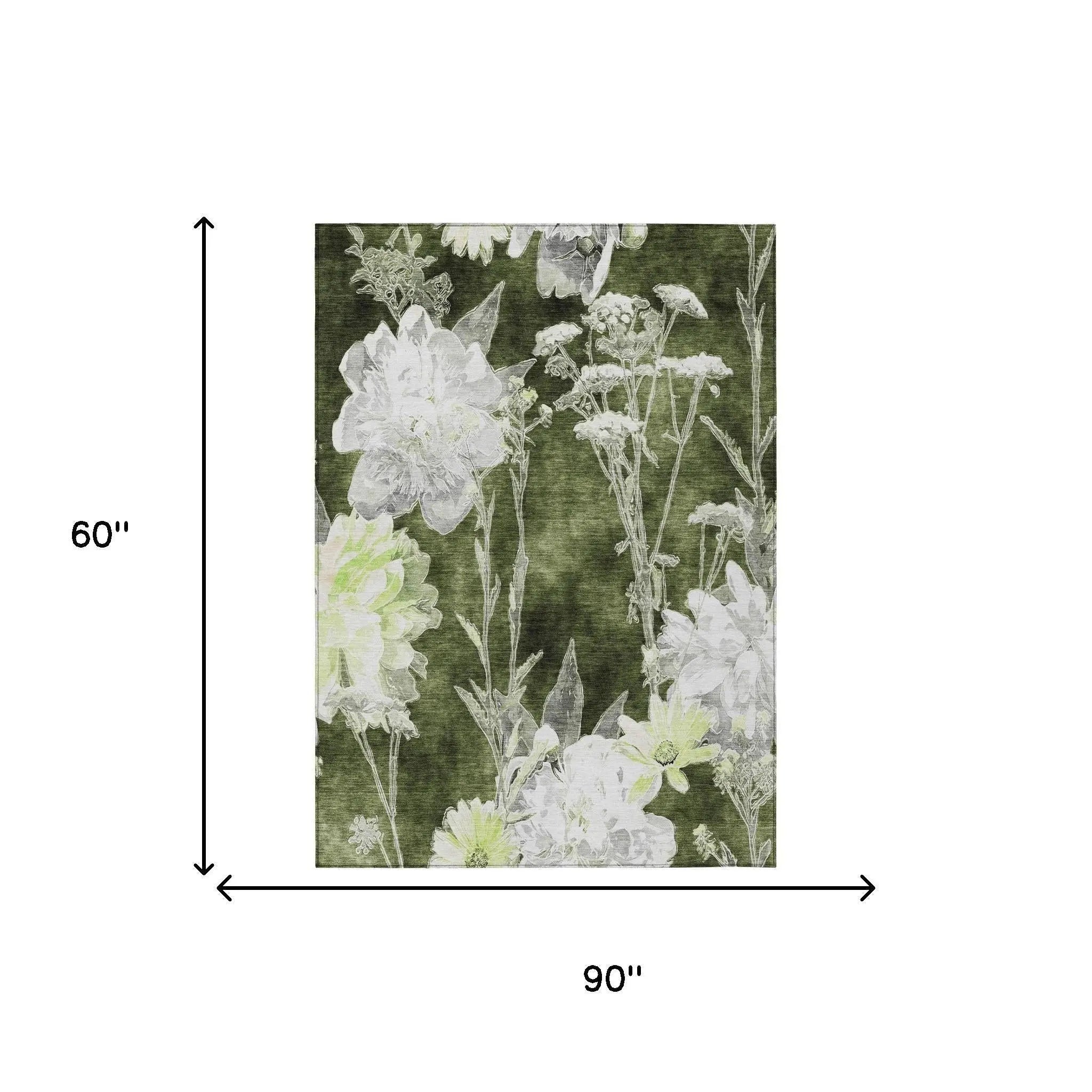 5' X 8' Olive Green And Green Floral Washable Indoor Outdoor Area Rug Homeroots Outdoor