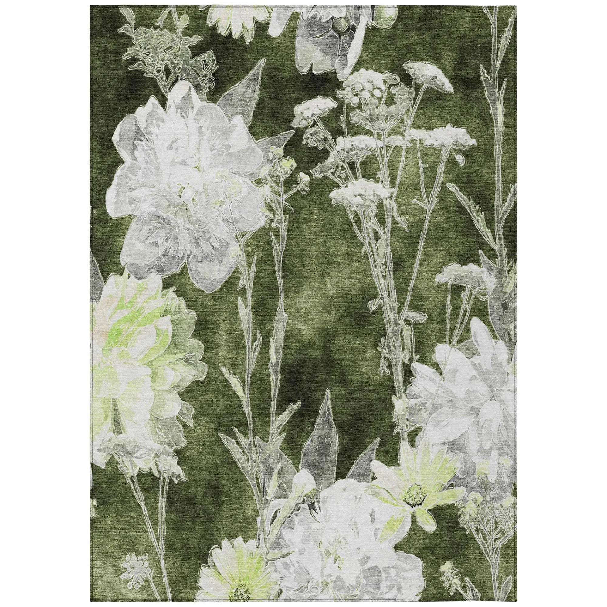 5' X 8' Olive Green And Green Floral Washable Indoor Outdoor Area Rug Homeroots Outdoor