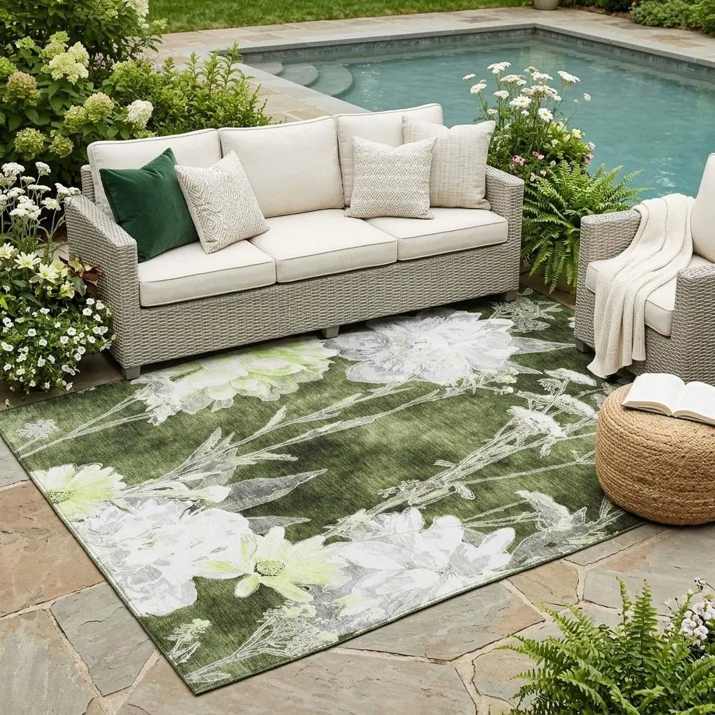 5' X 8' Olive Green And Green Floral Washable Indoor Outdoor Area Rug Homeroots Outdoor