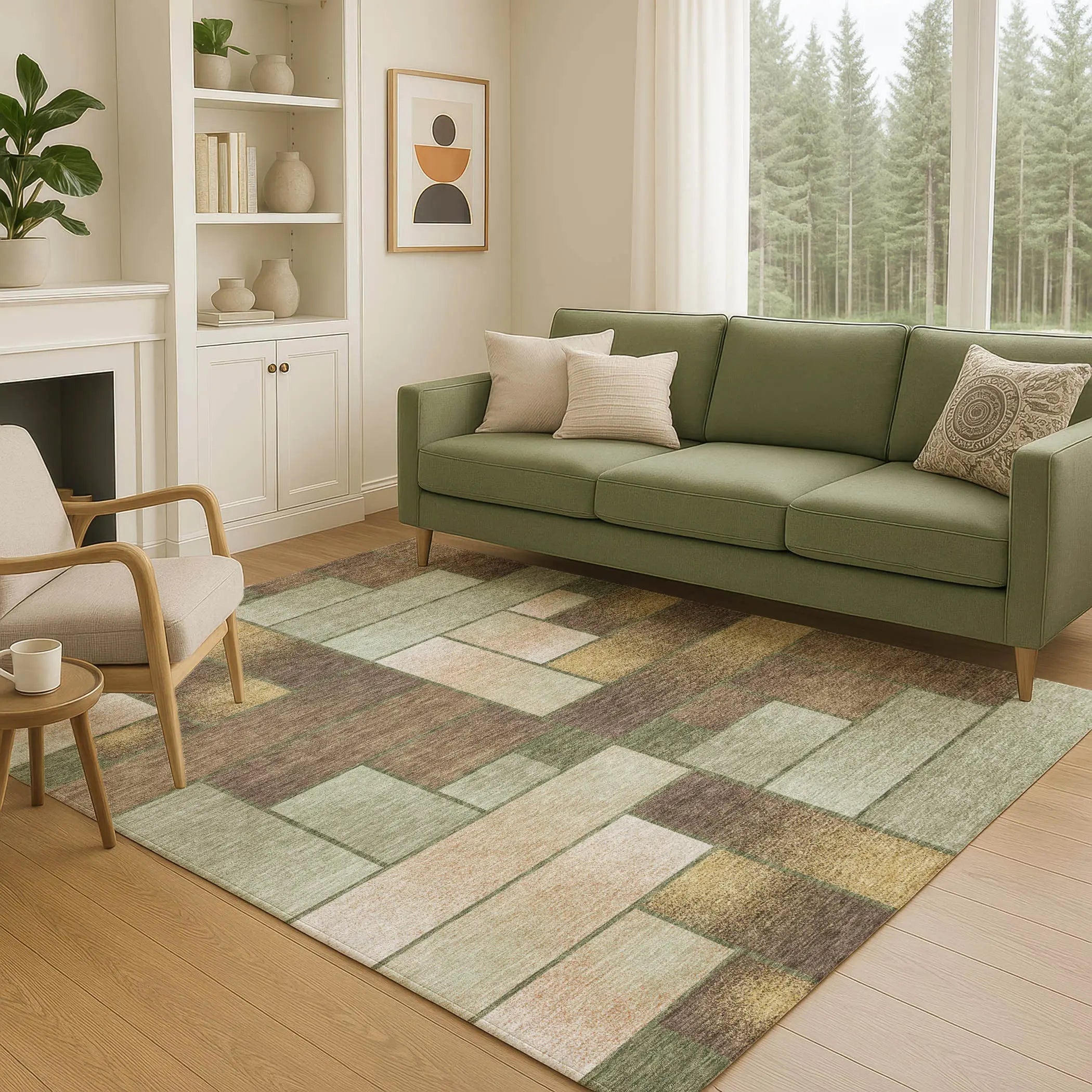 5' X 8' Olive Green And Green Geometric Washable Indoor Outdoor Area Rug Homeroots Outdoor