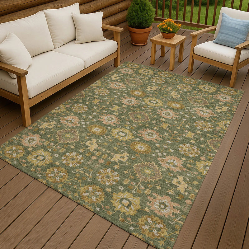 5' X 8' Olive Green And Green Geometric Washable Indoor Outdoor Area Rug Homeroots Outdoor