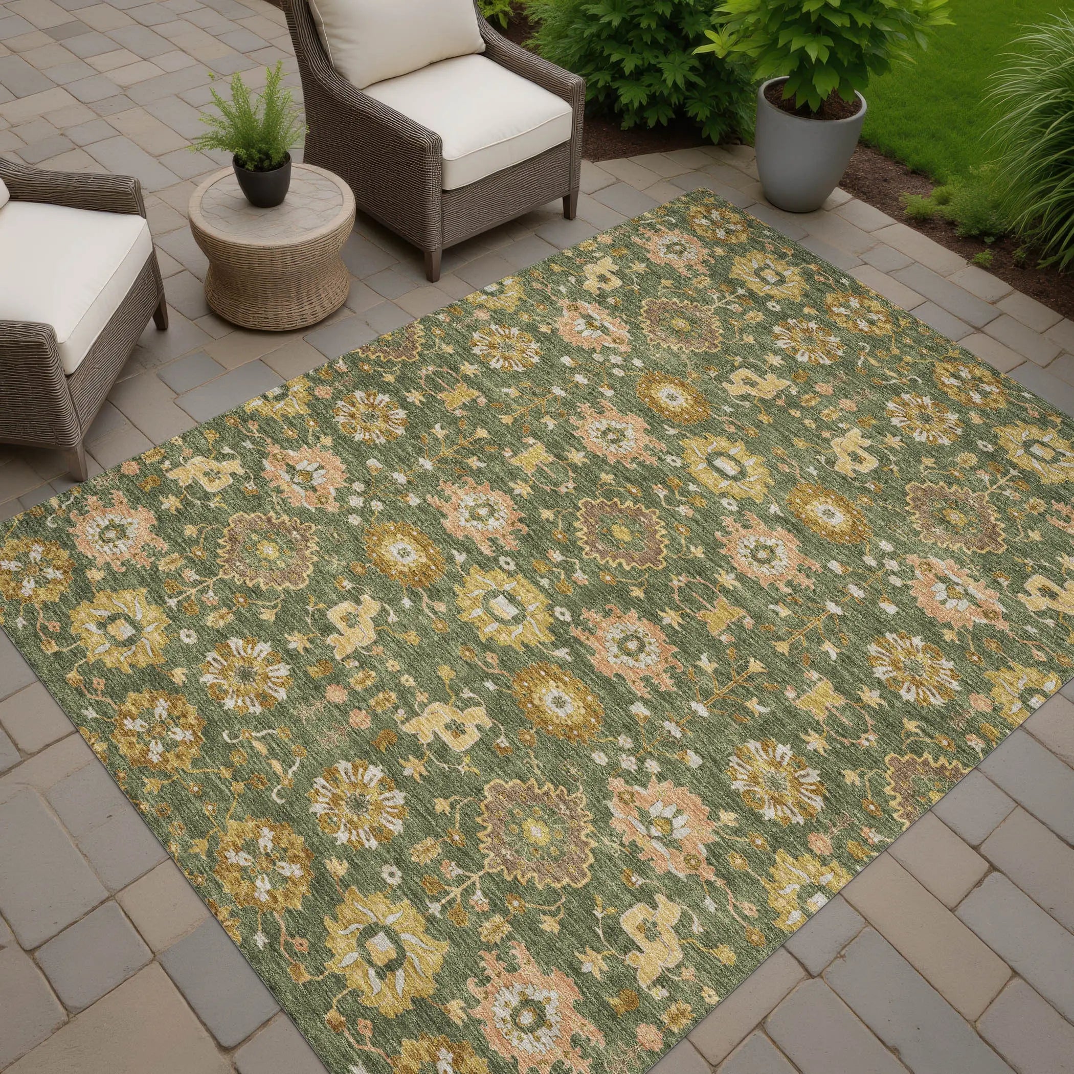 5' X 8' Olive Green And Green Geometric Washable Indoor Outdoor Area Rug Homeroots Outdoor